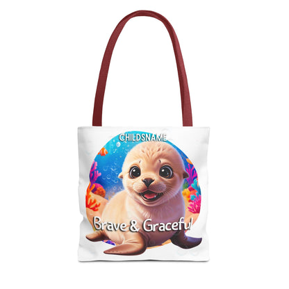 Personalized Kids Seal Beach Tote Bag – Brave & Graceful – Custom Sea Life Bag with Name