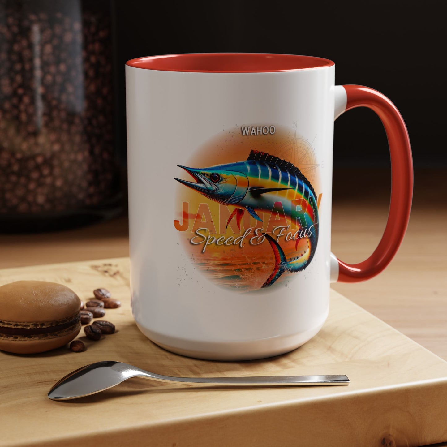 Colorful January Wahoo Birth Month Accent Coffee Mug with Colored Handle