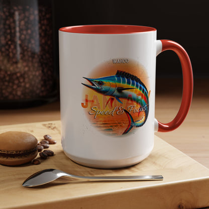 Colorful January Wahoo Birth Month Accent Coffee Mug with Colored Handle