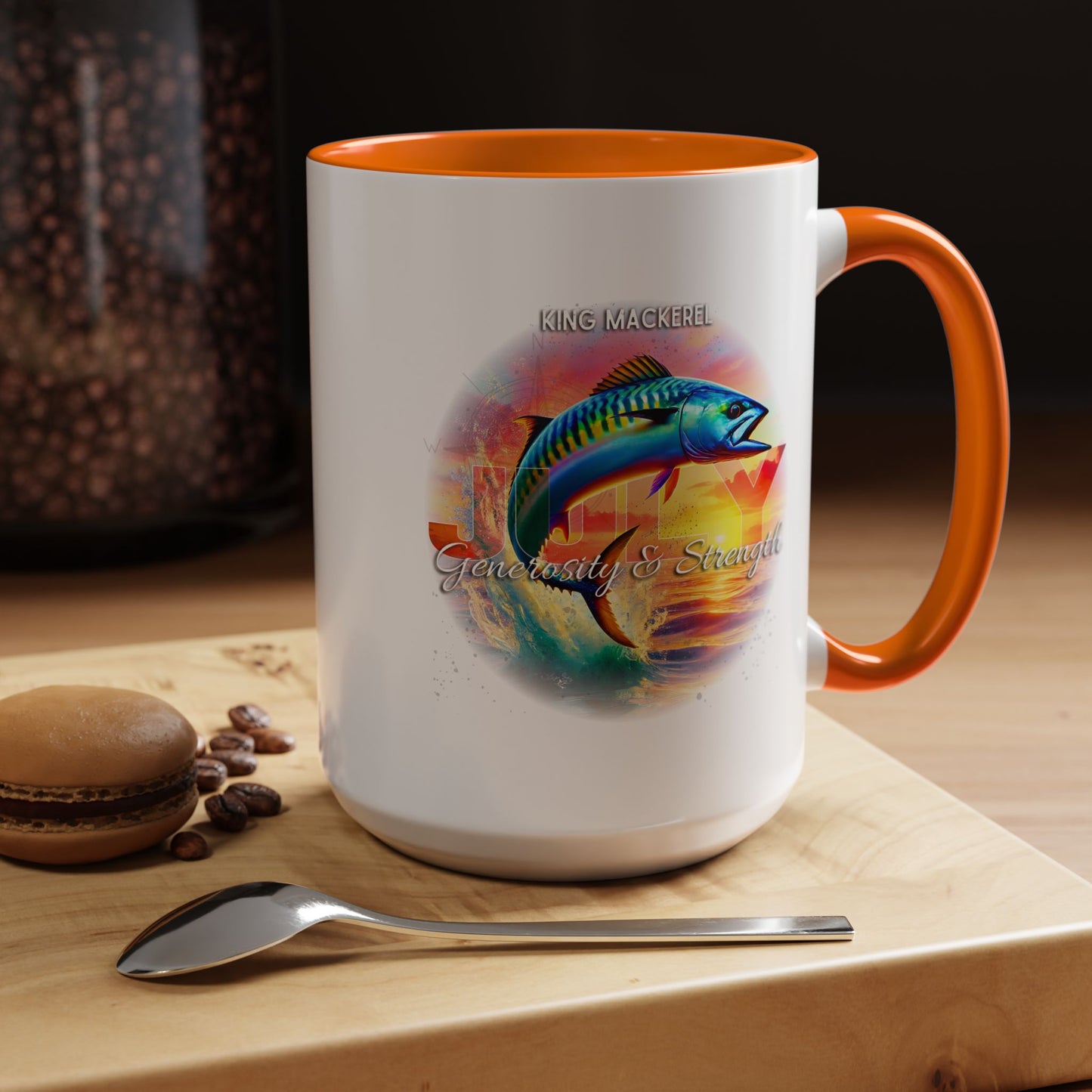 Colorful July King Mackerel Birth Month Accent Coffee Mug with Colored Handle