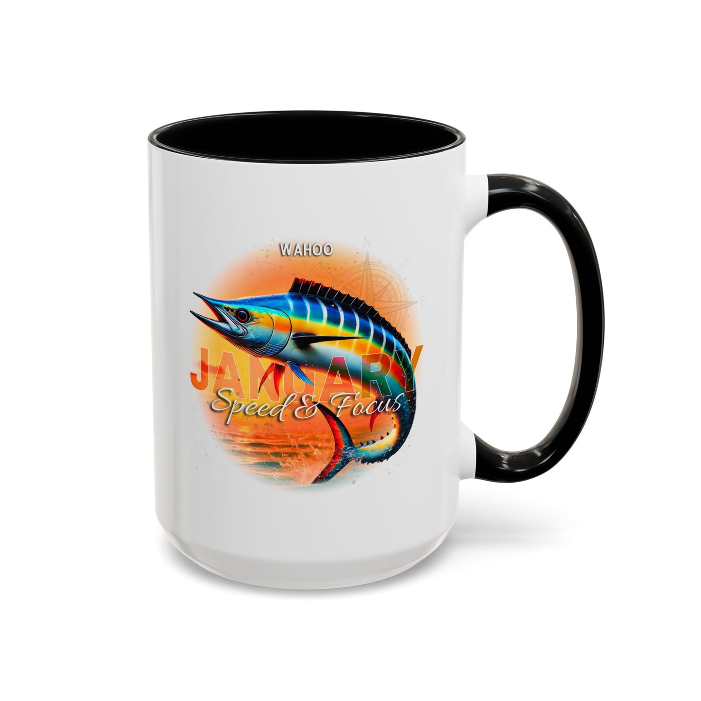Colorful January Wahoo Birth Month Accent Coffee Mug with Colored Handle