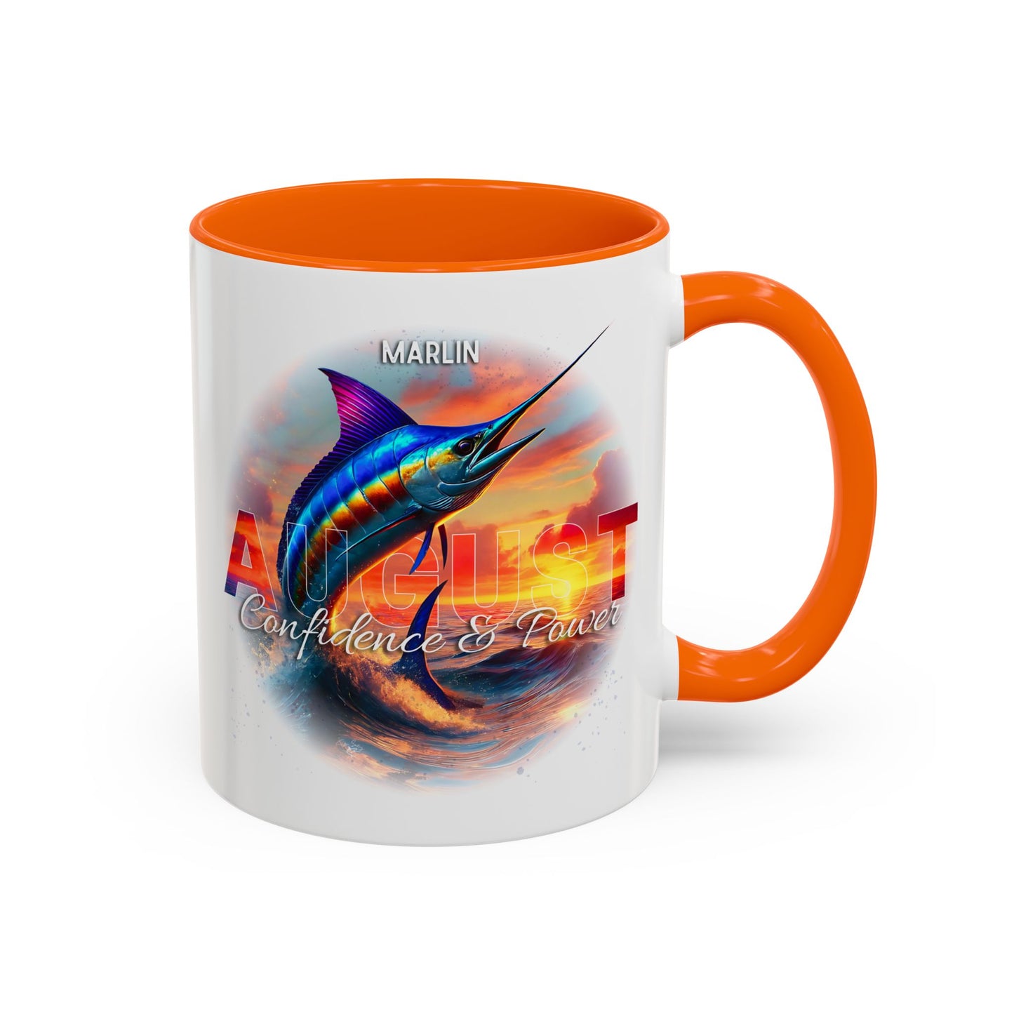 Colorful August Marlin Birth Month Accent Coffee Mug with Colored Handle