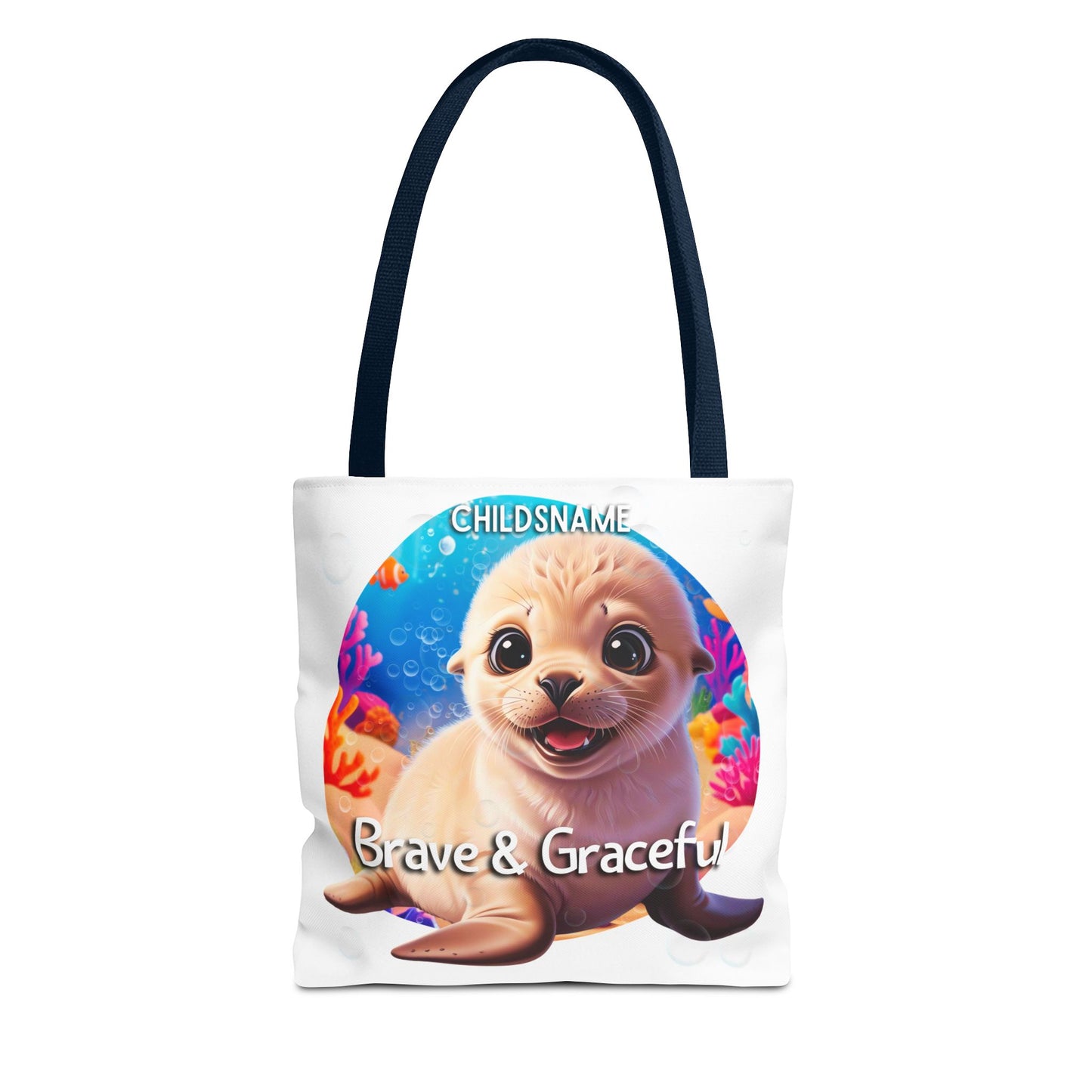 Personalized Kids Seal Beach Tote Bag – Brave & Graceful – Custom Sea Life Bag with Name