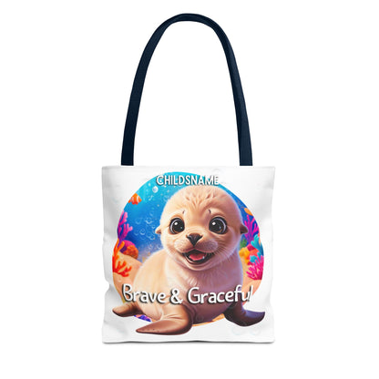 Personalized Kids Seal Beach Tote Bag – Brave & Graceful – Custom Sea Life Bag with Name