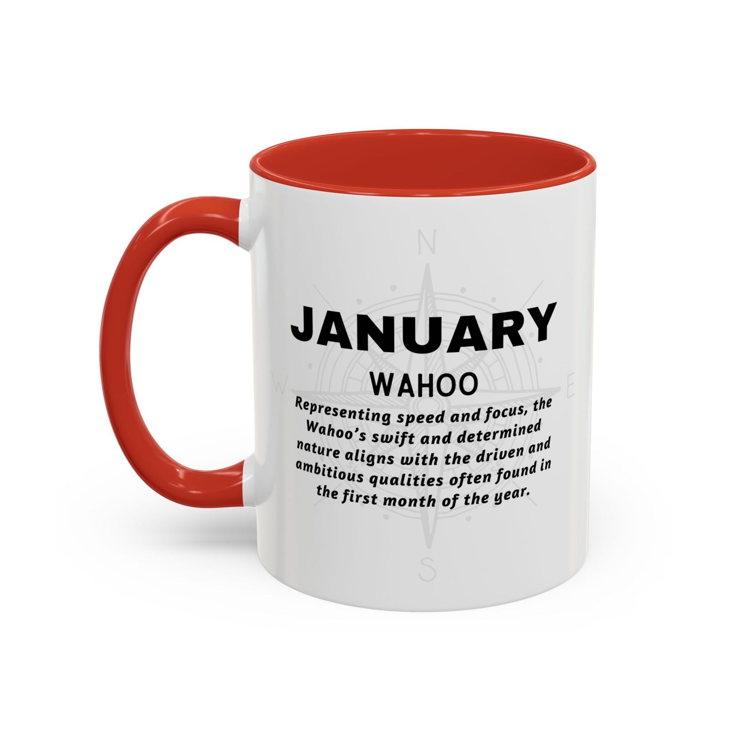 Colorful January Wahoo Birth Month Accent Coffee Mug with Colored Handle