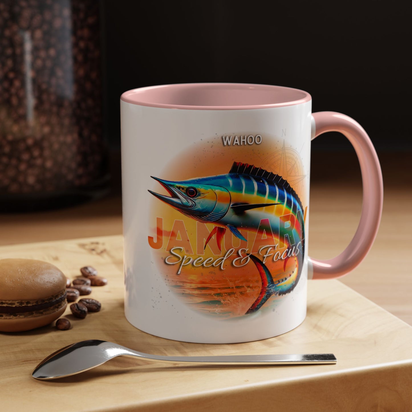 Colorful January Wahoo Birth Month Accent Coffee Mug with Colored Handle