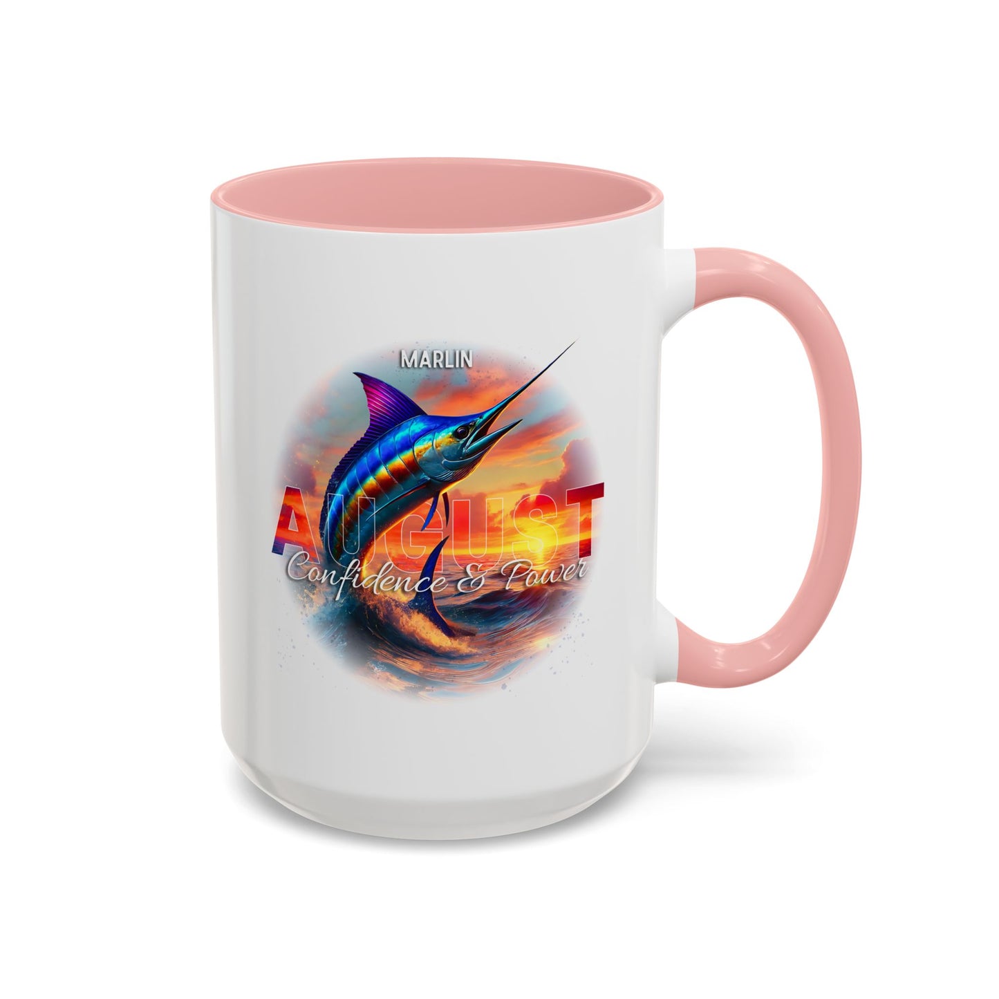 Colorful August Marlin Birth Month Accent Coffee Mug with Colored Handle