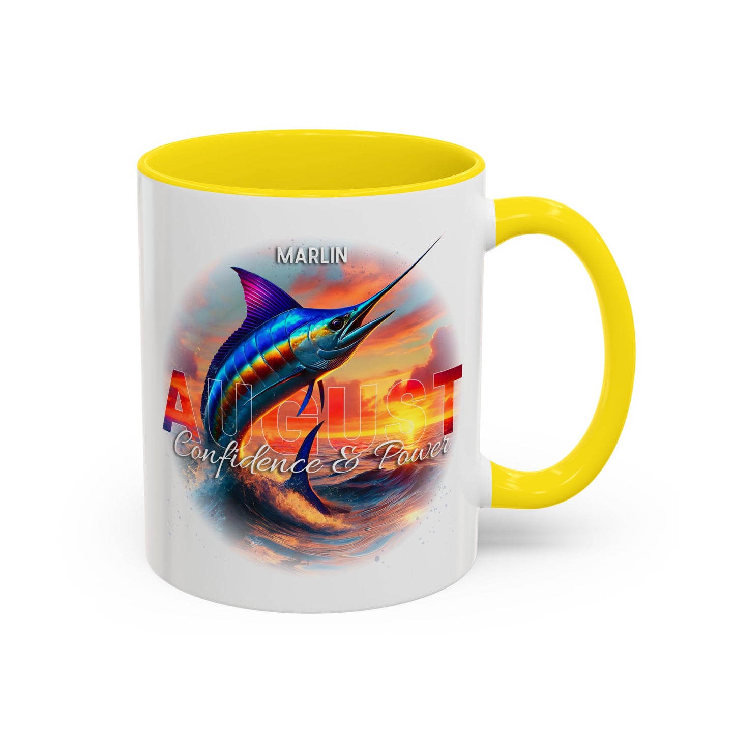 Colorful August Marlin Birth Month Accent Coffee Mug with Colored Handle