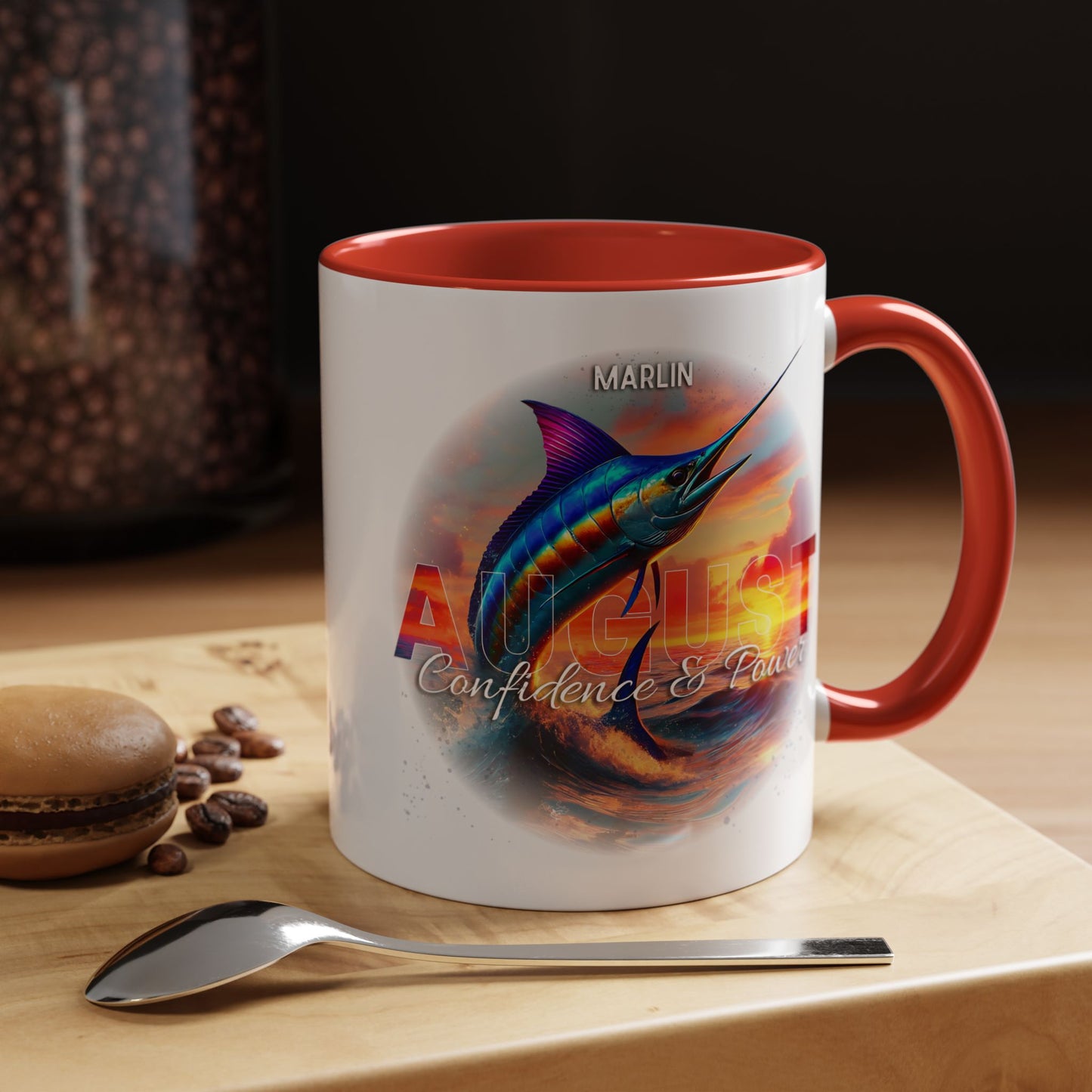 Colorful August Marlin Birth Month Accent Coffee Mug with Colored Handle