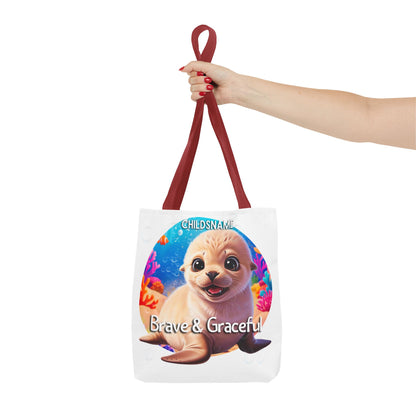 Personalized Kids Seal Beach Tote Bag – Brave & Graceful – Custom Sea Life Bag with Name