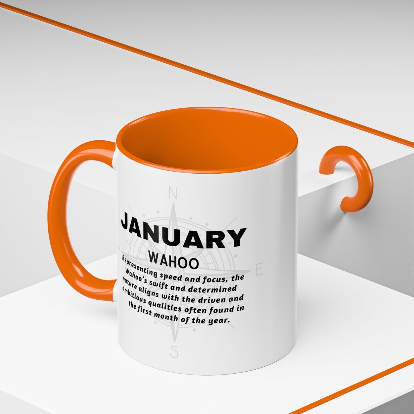 Colorful January Wahoo Birth Month Accent Coffee Mug with Colored Handle