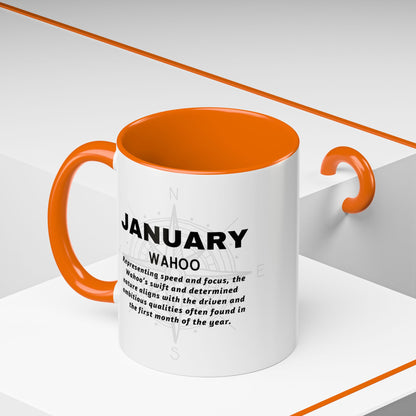 Colorful January Wahoo Birth Month Accent Coffee Mug with Colored Handle