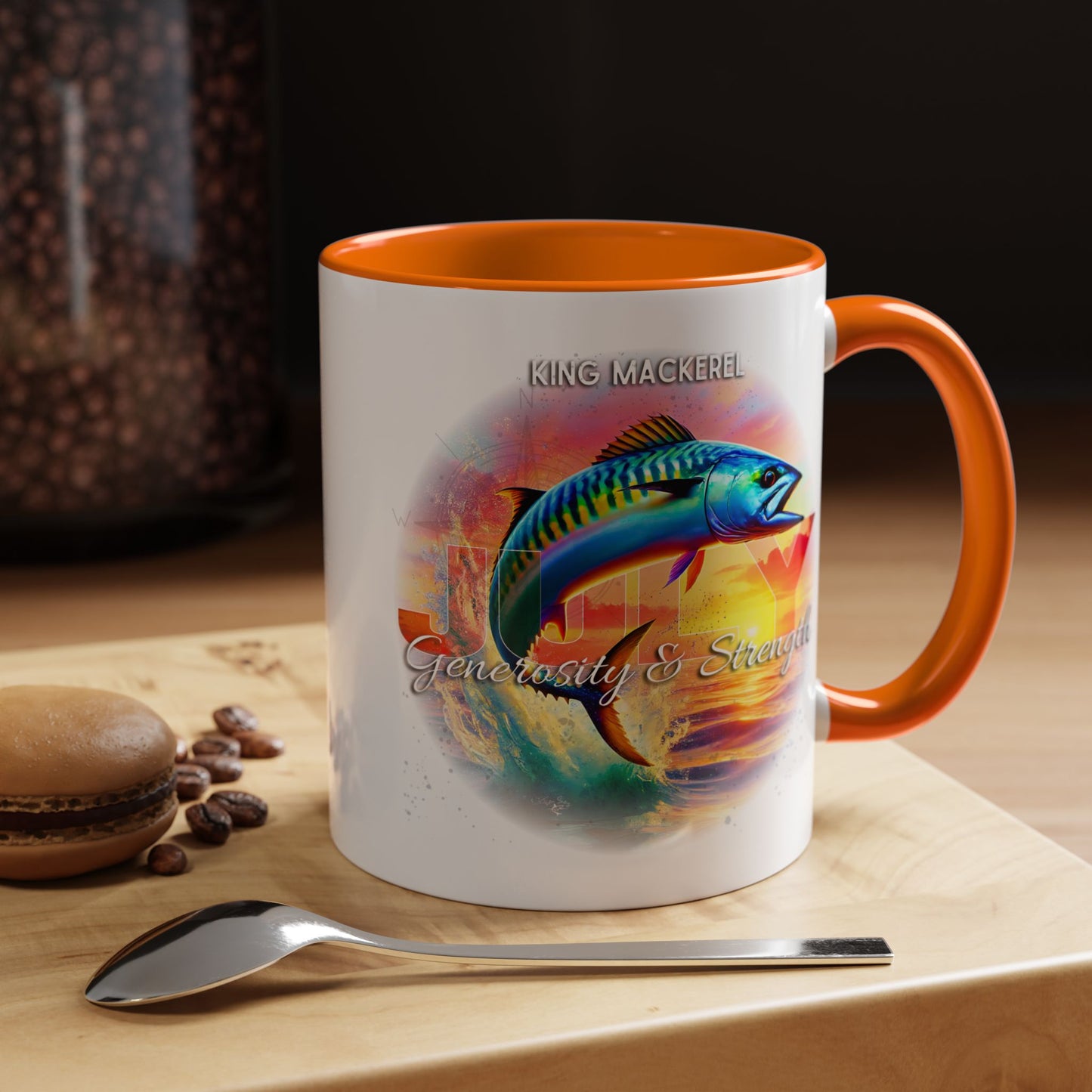 Colorful July King Mackerel Birth Month Accent Coffee Mug with Colored Handle