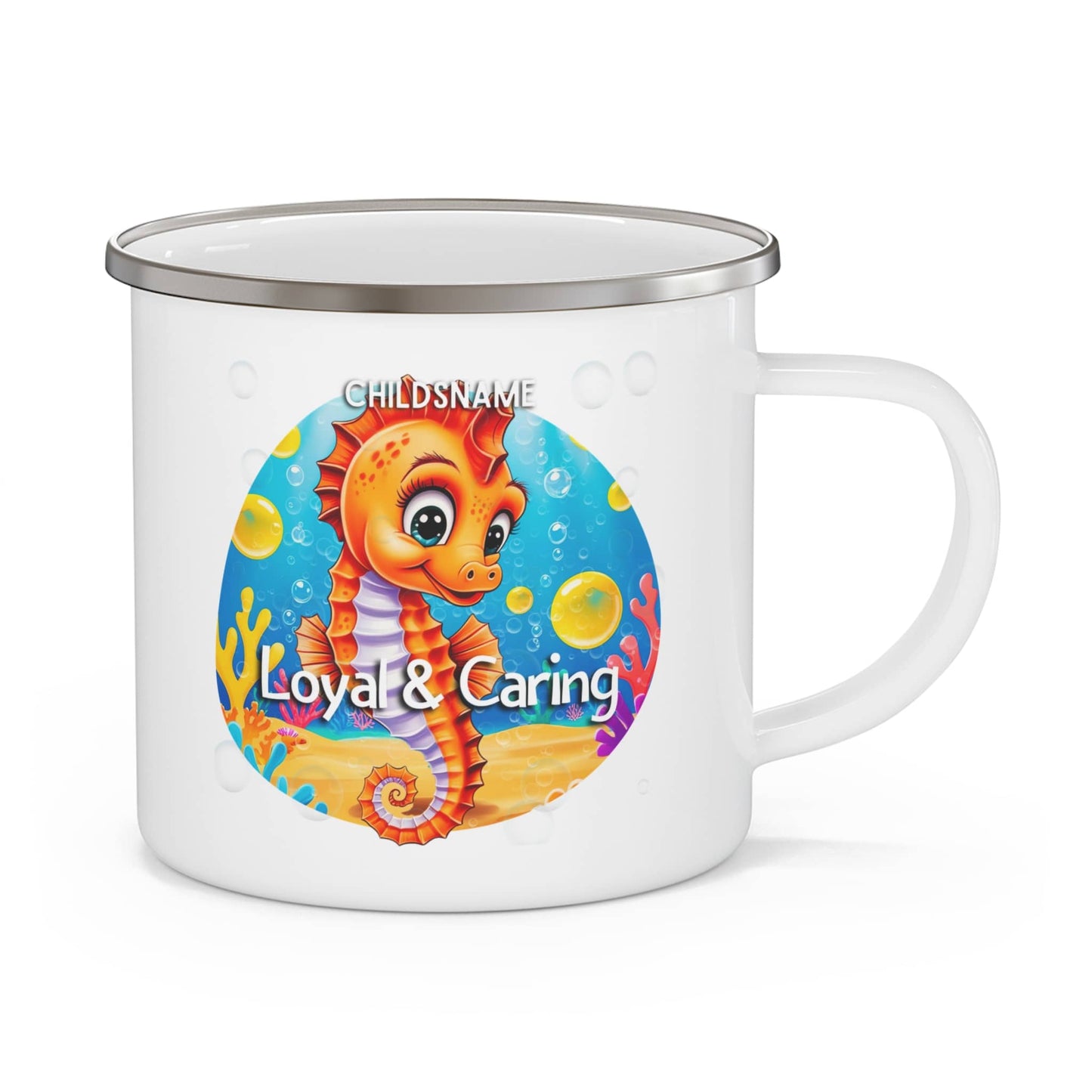Personalized Kids Seahorse Camping Mug – Loyal & Caring – Colorful Sea Life Stainless Steel Enamel Cup (12oz)