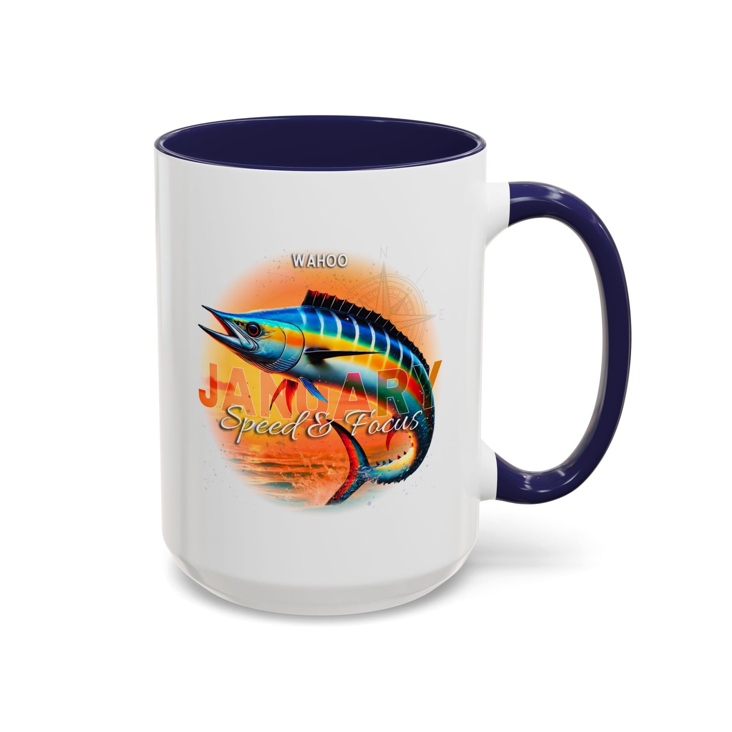 Colorful January Wahoo Birth Month Accent Coffee Mug with Colored Handle