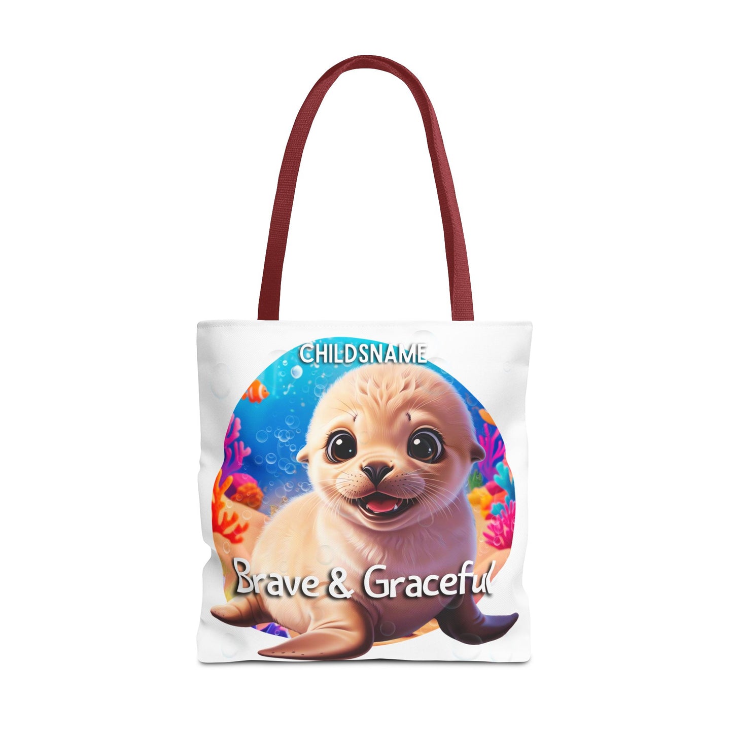 Personalized Kids Seal Beach Tote Bag – Brave & Graceful – Custom Sea Life Bag with Name