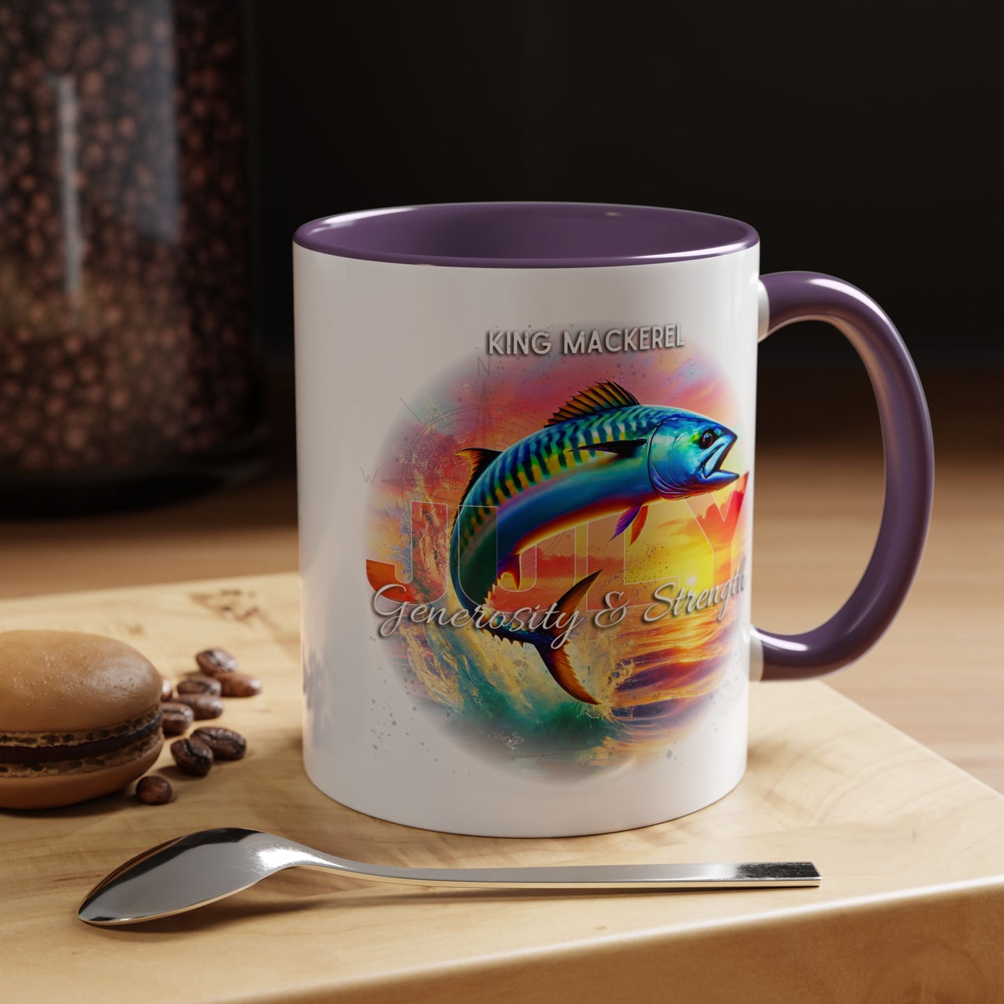 Colorful July King Mackerel Birth Month Accent Coffee Mug with Colored Handle