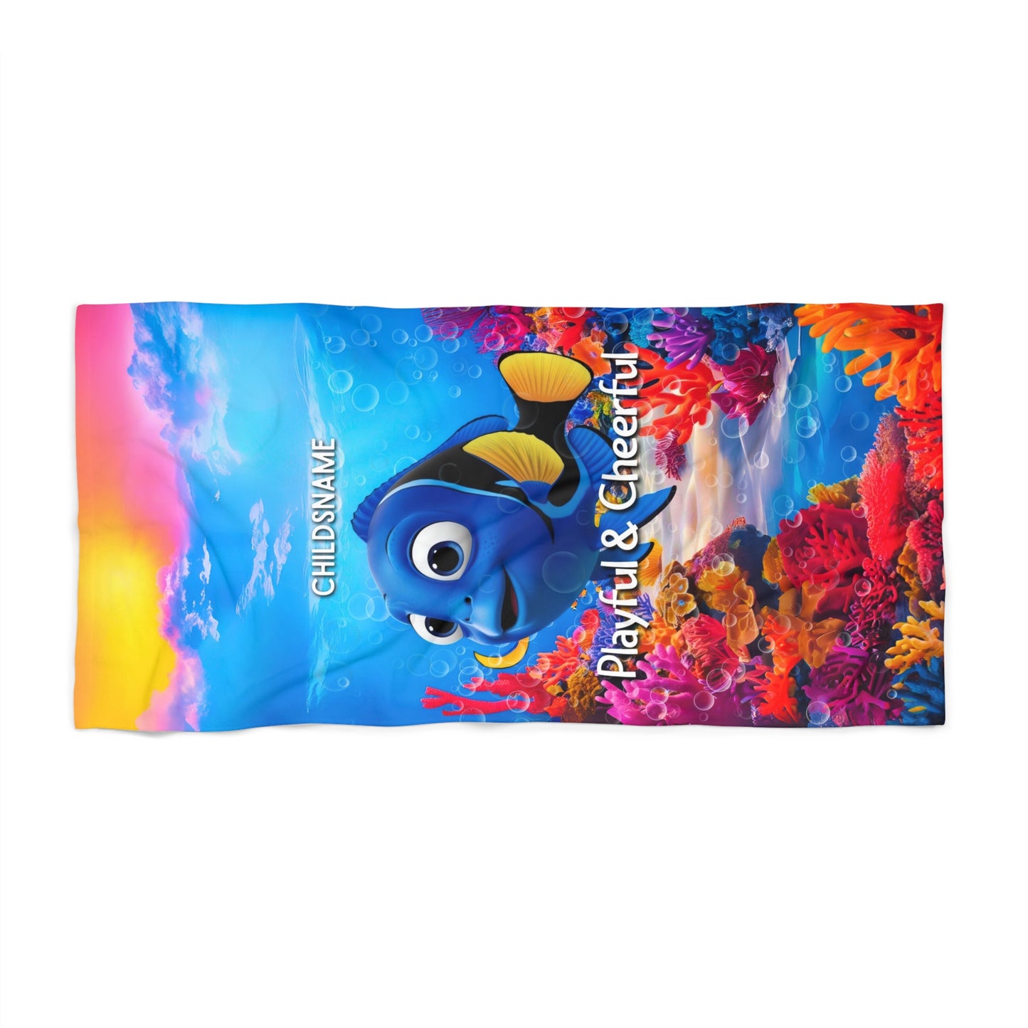 Personalized Kids Beach Towel – Vibrant Blue Tang Design – Playful & Cheerful