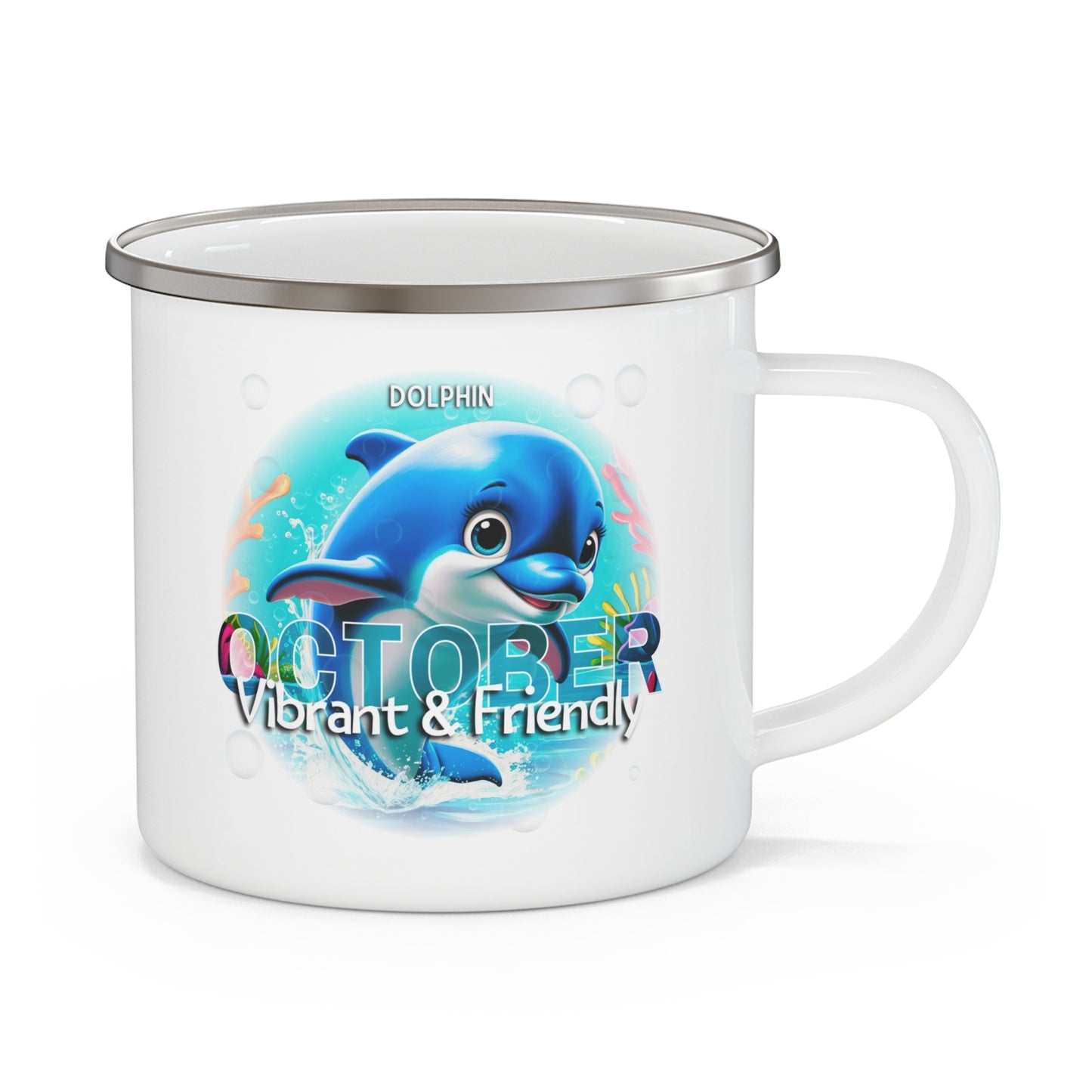 October Dolphin Kids Sea Life Birth Month Enamel 12oz Camping Mug