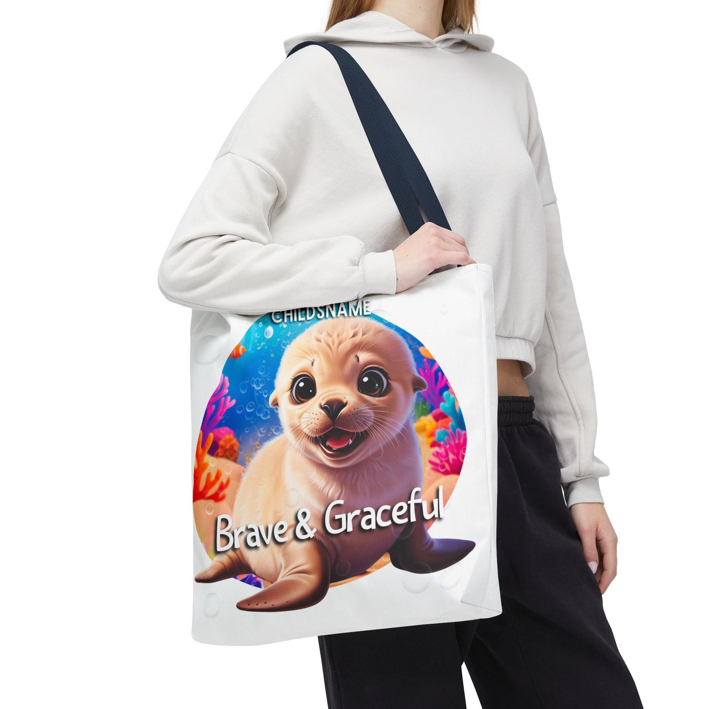 Personalized Kids Seal Beach Tote Bag – Brave & Graceful – Custom Sea Life Bag with Name