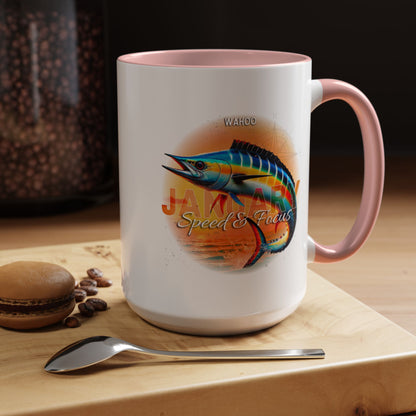 Colorful January Wahoo Birth Month Accent Coffee Mug with Colored Handle