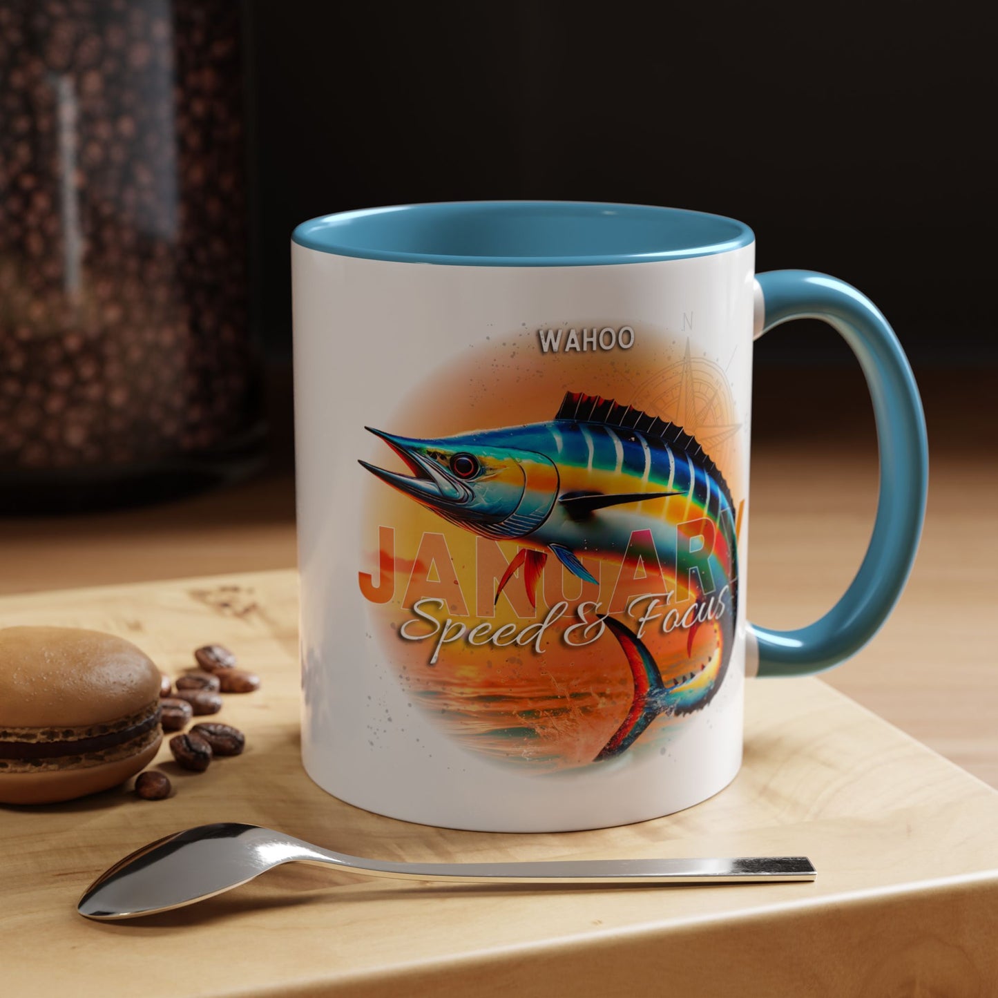Colorful January Wahoo Birth Month Accent Coffee Mug with Colored Handle