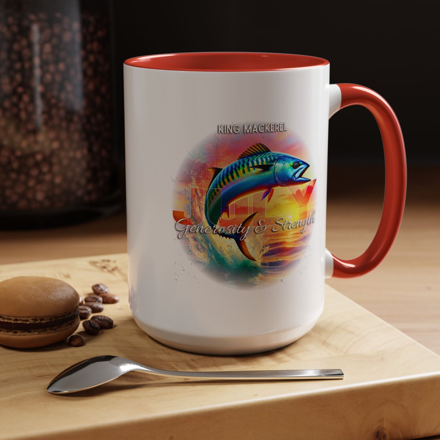 Colorful July King Mackerel Birth Month Accent Coffee Mug with Colored Handle