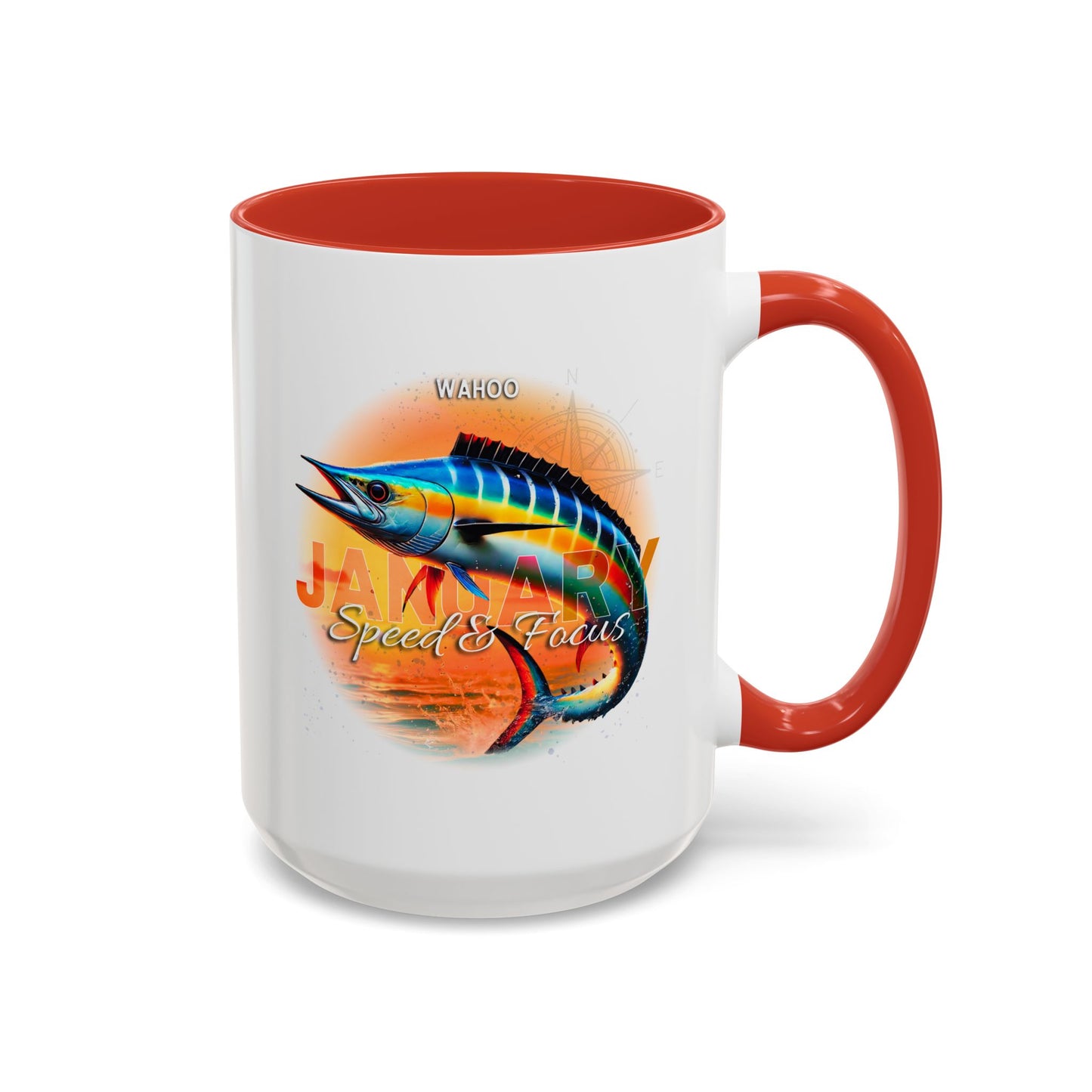 Colorful January Wahoo Birth Month Accent Coffee Mug with Colored Handle
