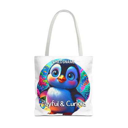 Personalized Kids Penguin Beach Tote Bag Playful & Curious