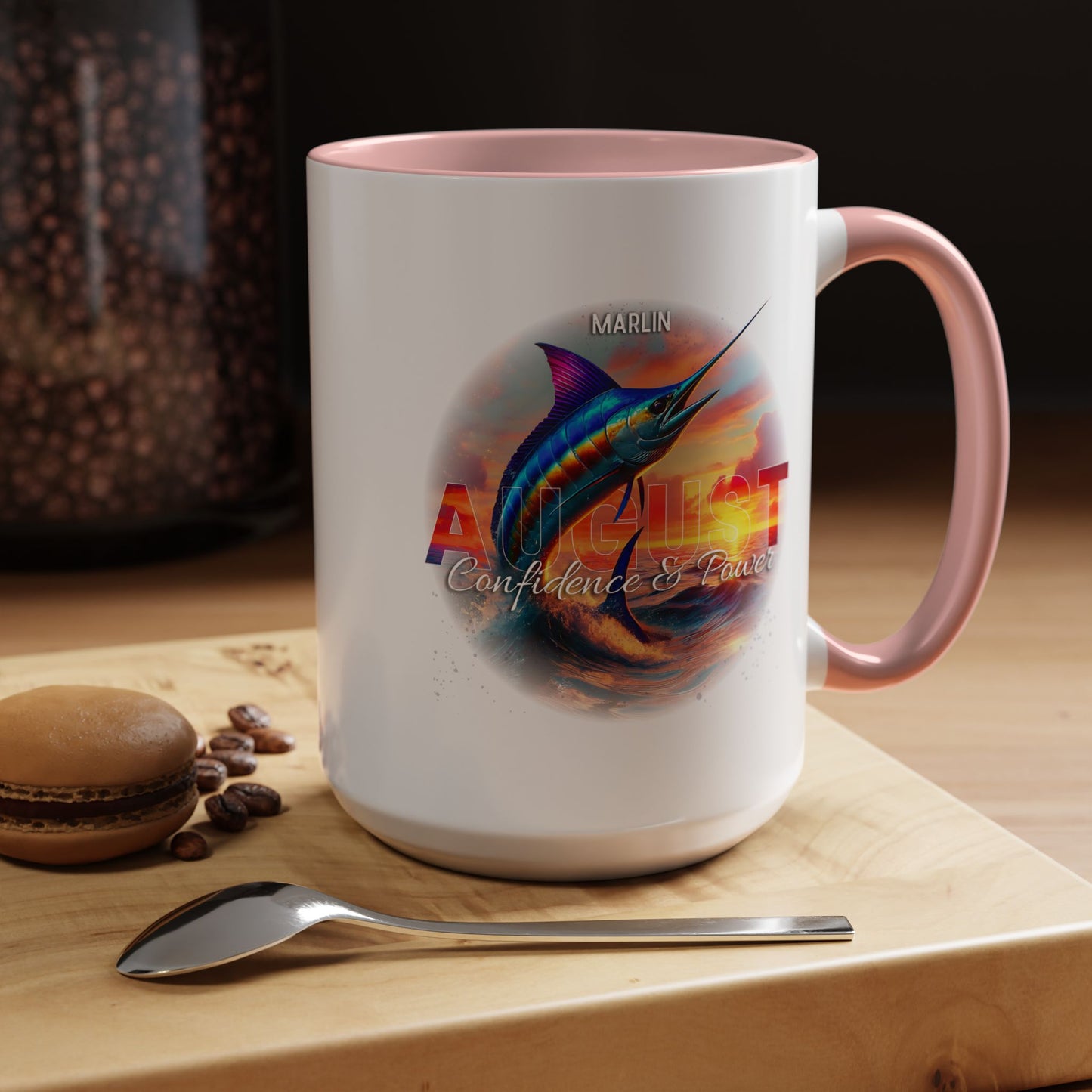 Colorful August Marlin Birth Month Accent Coffee Mug with Colored Handle