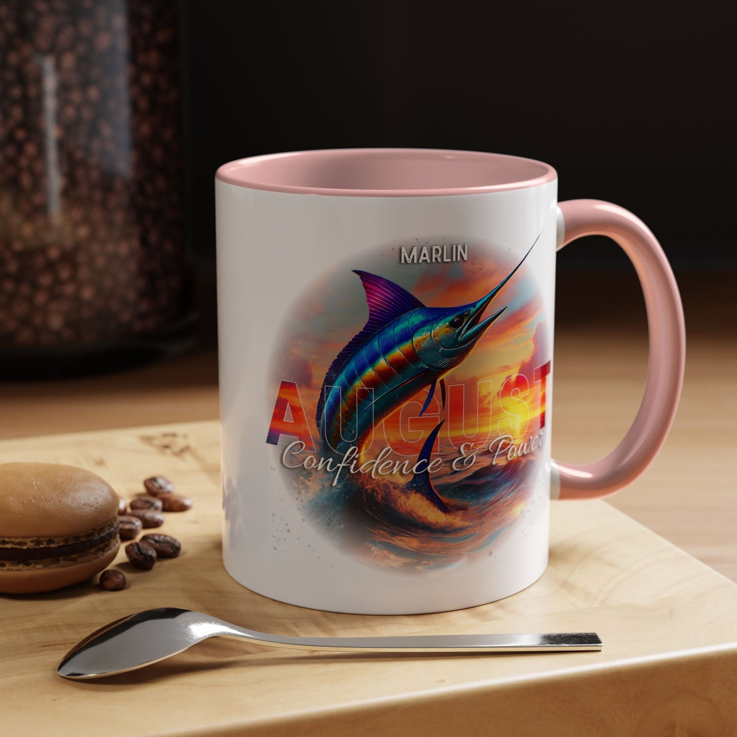 Colorful August Marlin Birth Month Accent Coffee Mug with Colored Handle
