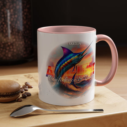 Colorful August Marlin Birth Month Accent Coffee Mug with Colored Handle