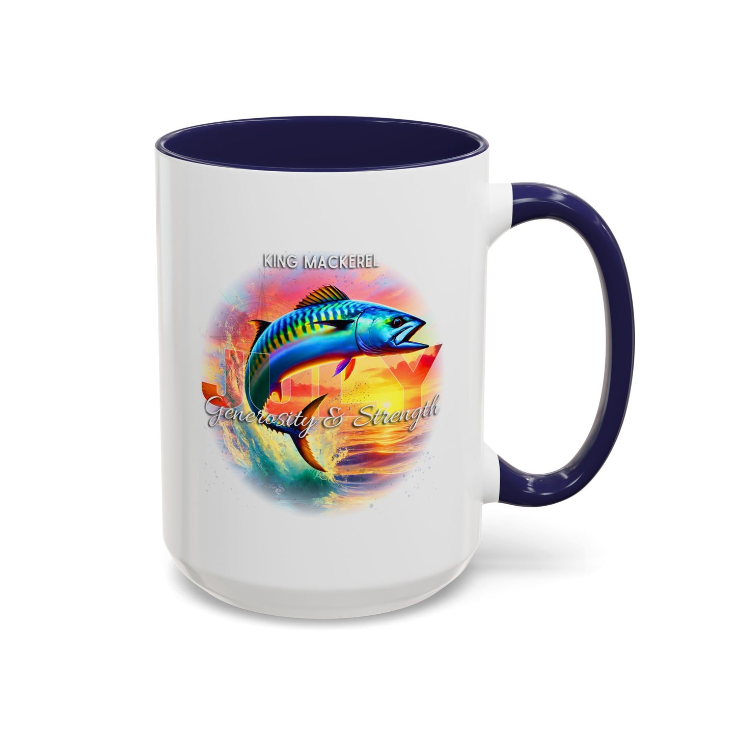 Colorful July King Mackerel Birth Month Accent Coffee Mug with Colored Handle