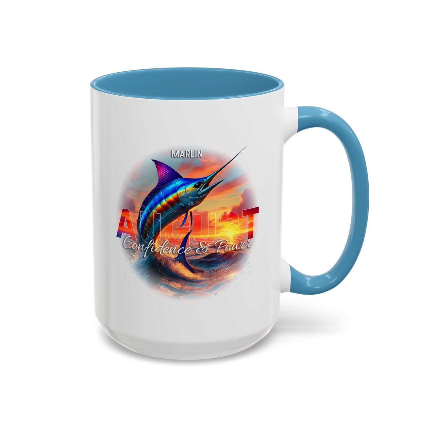 Colorful August Marlin Birth Month Accent Coffee Mug with Colored Handle