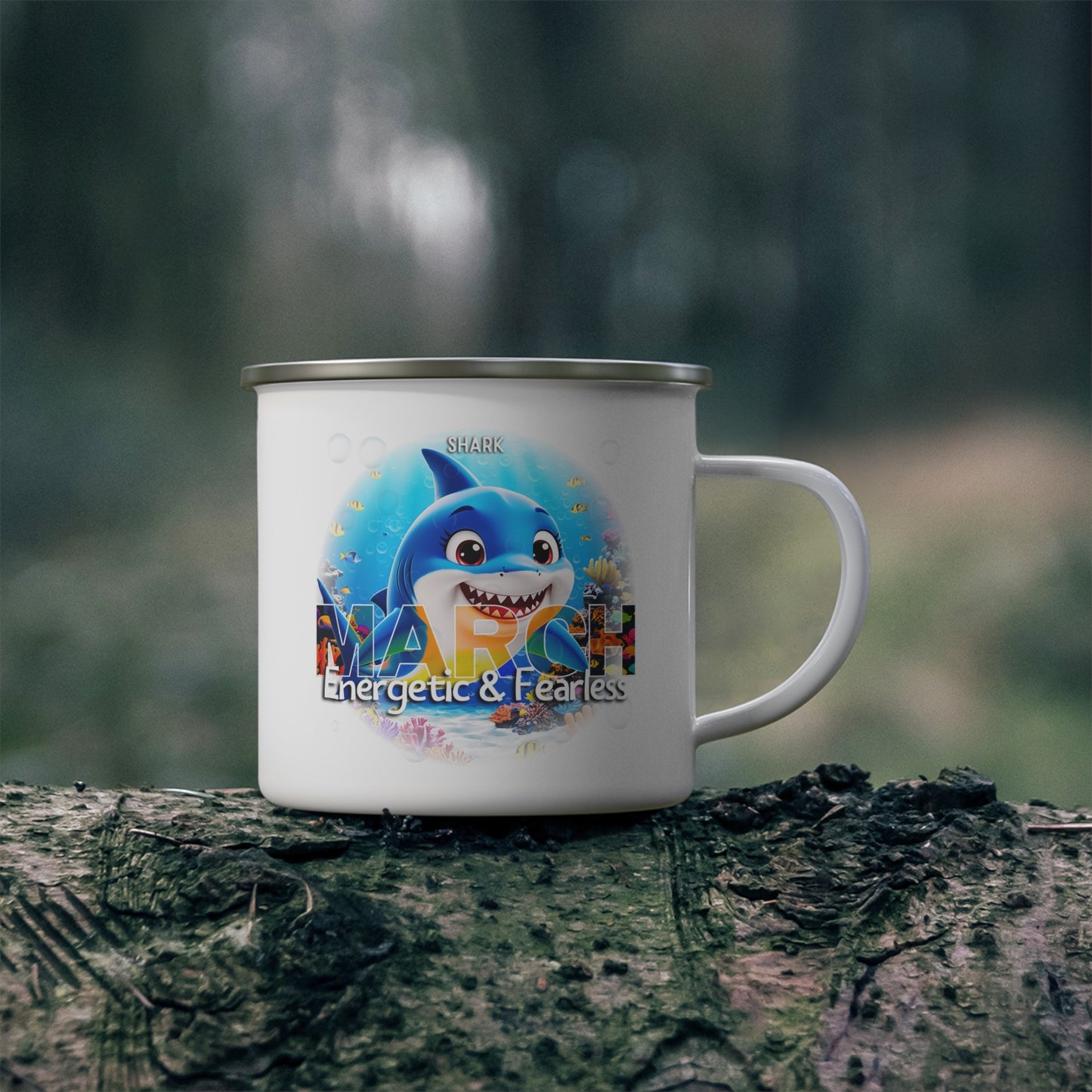 March Shark Kids Sea Life Birth Month Enamel 12oz Camping Mug