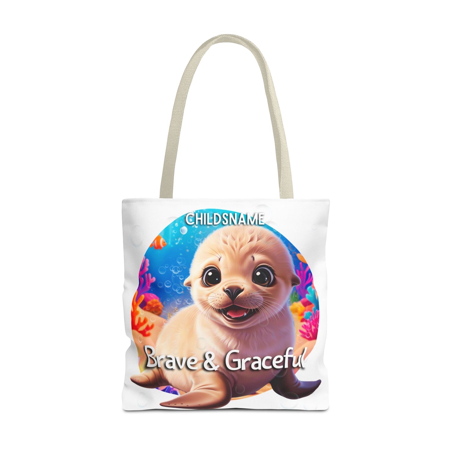 Personalized Kids Seal Beach Tote Bag – Brave & Graceful – Custom Sea Life Bag with Name