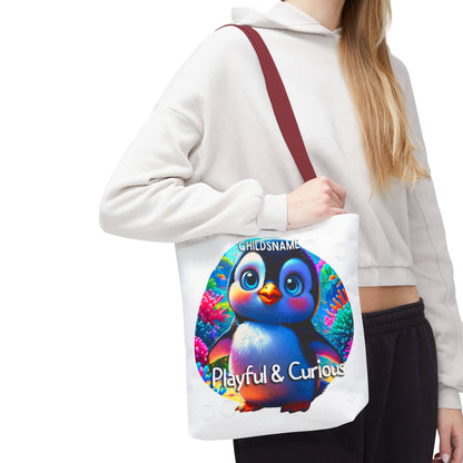 Personalized Kids Penguin Beach Tote Bag Playful & Curious