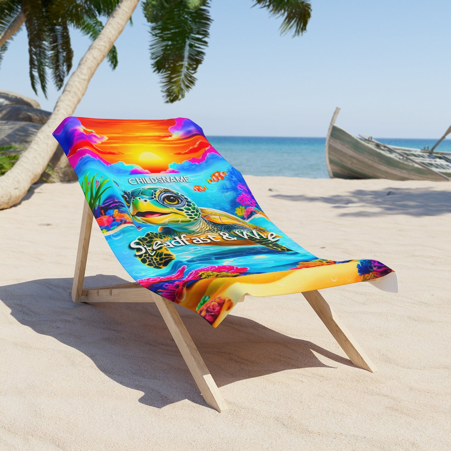 Personalized Kids Beach Towel – Vibrant Turtle Design – Steadfast & Wise