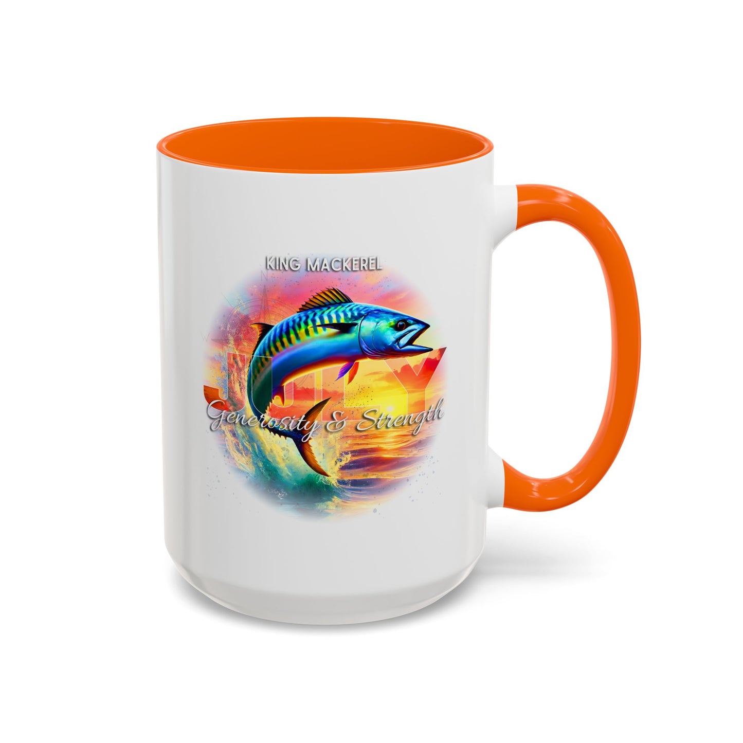 Colorful July King Mackerel Birth Month Accent Coffee Mug with Colored Handle
