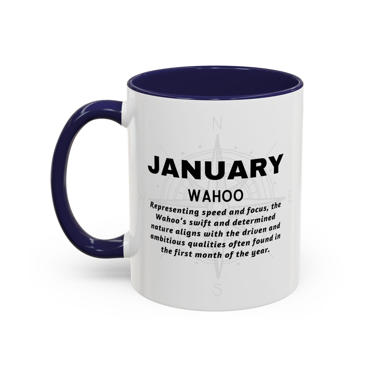 Colorful January Wahoo Birth Month Accent Coffee Mug with Colored Handle