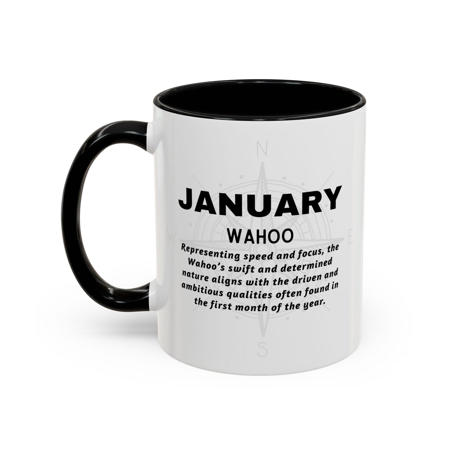 Colorful January Wahoo Birth Month Accent Coffee Mug with Colored Handle