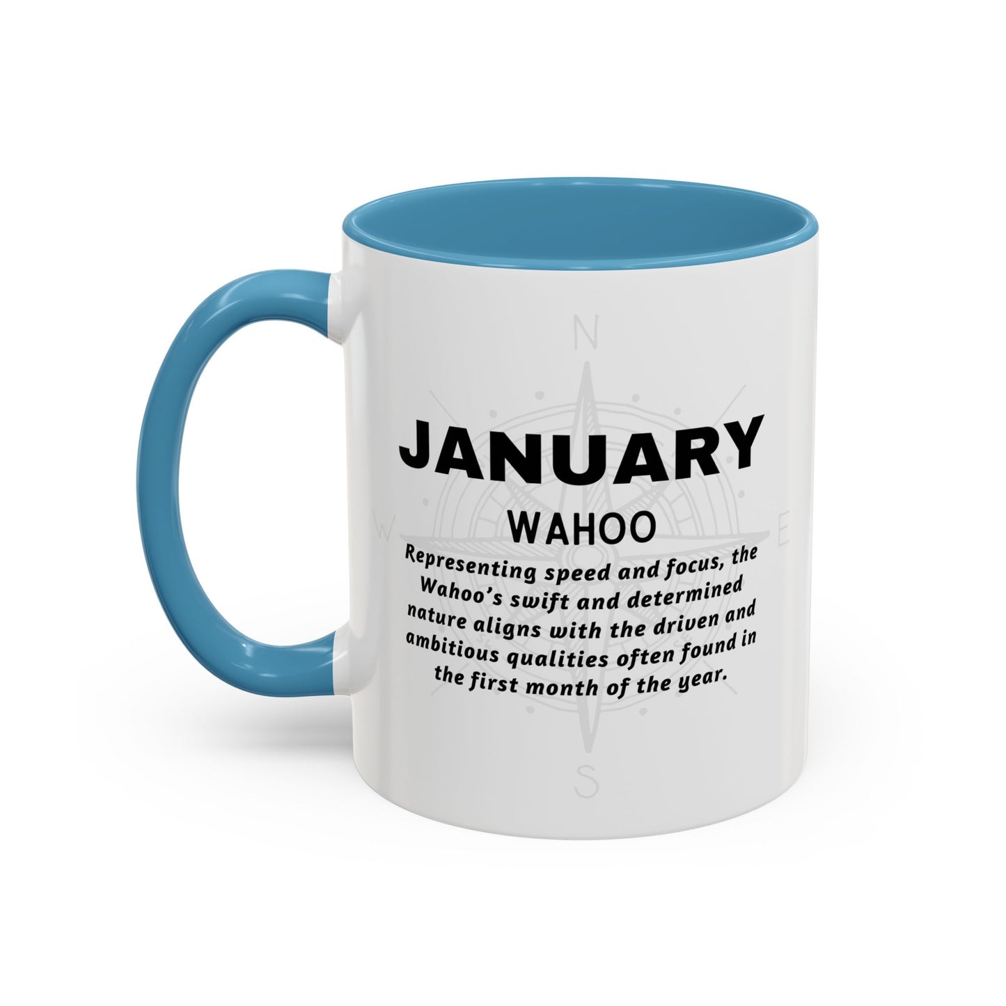Colorful January Wahoo Birth Month Accent Coffee Mug with Colored Handle
