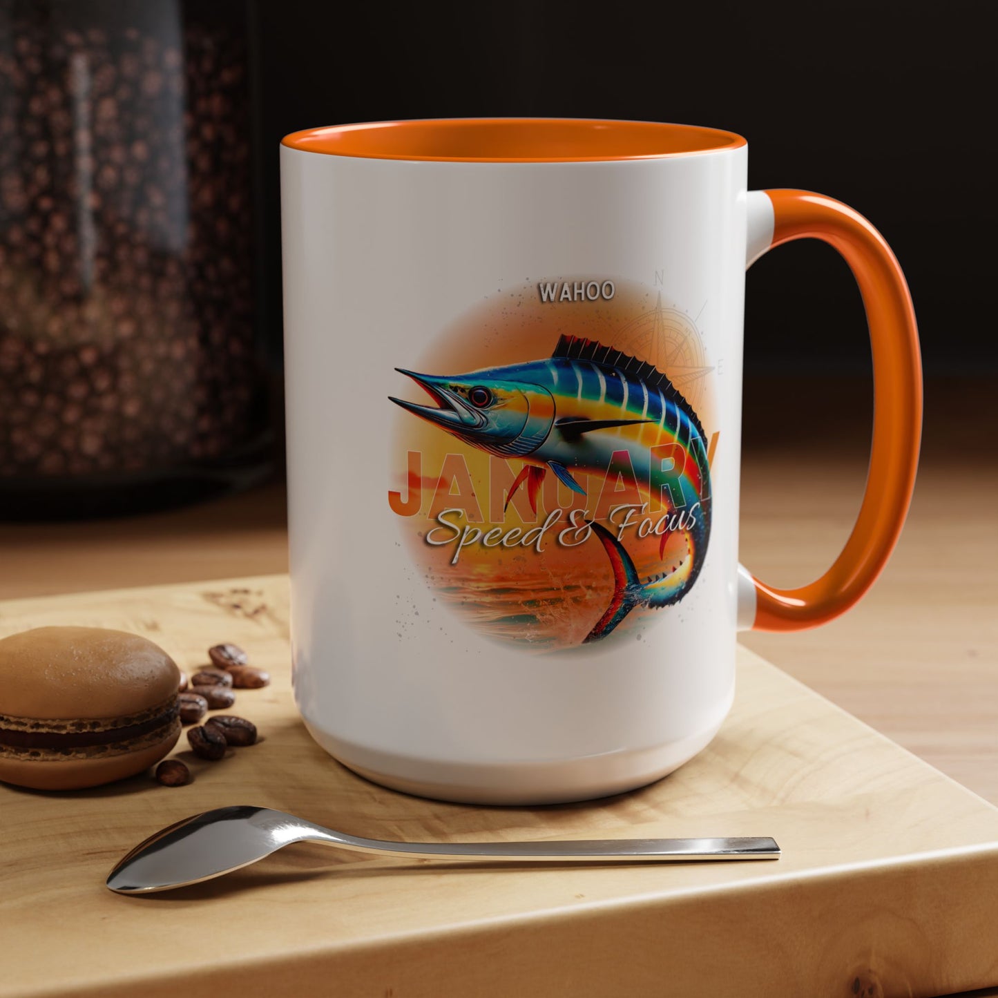 Colorful January Wahoo Birth Month Accent Coffee Mug with Colored Handle