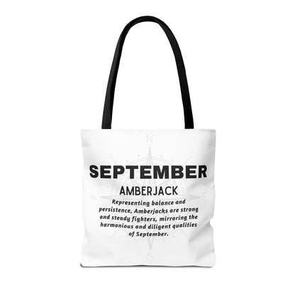Birth month beach tote with September Amberjack design and black handles