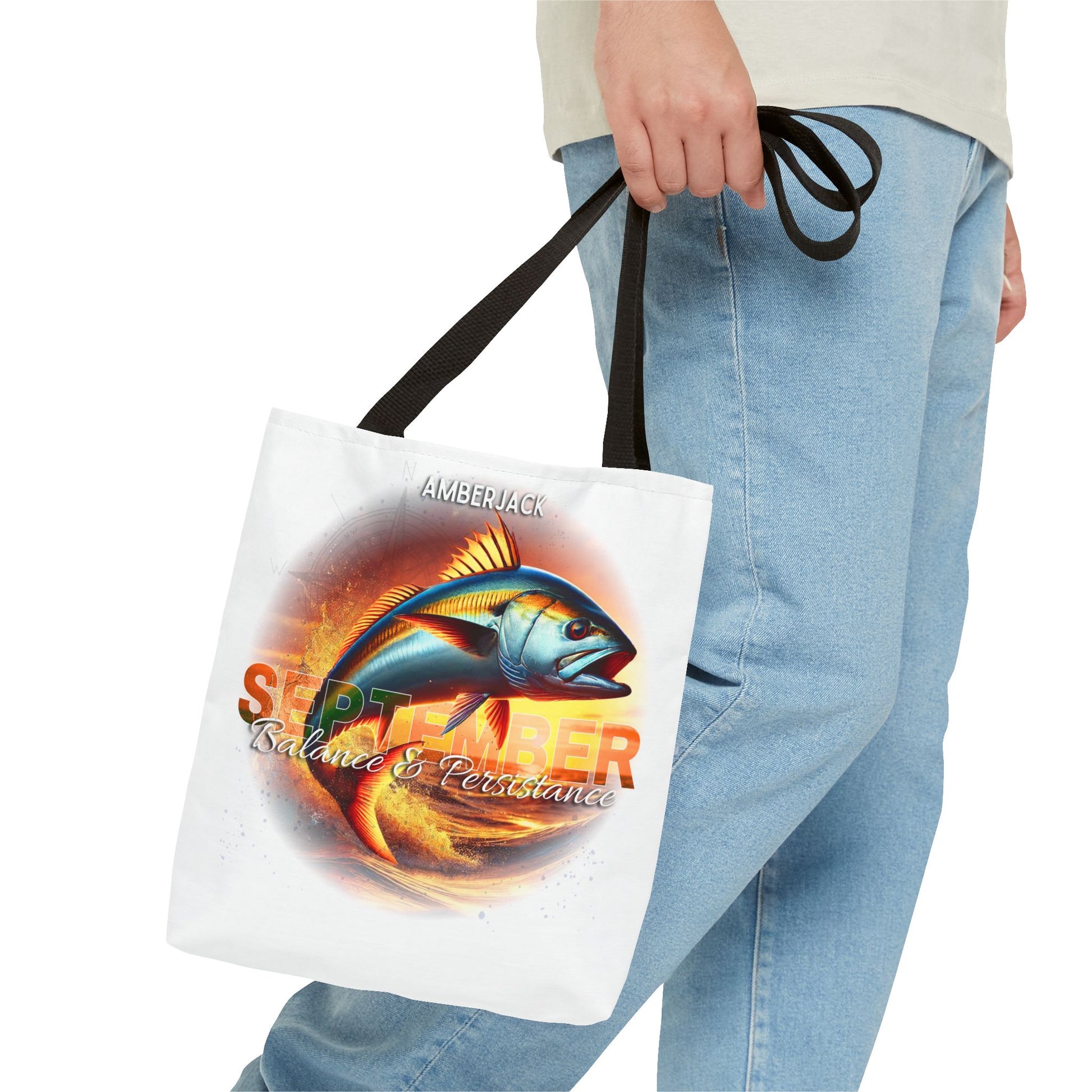 Birth month beach tote featuring September design with amberjack fish and black handles