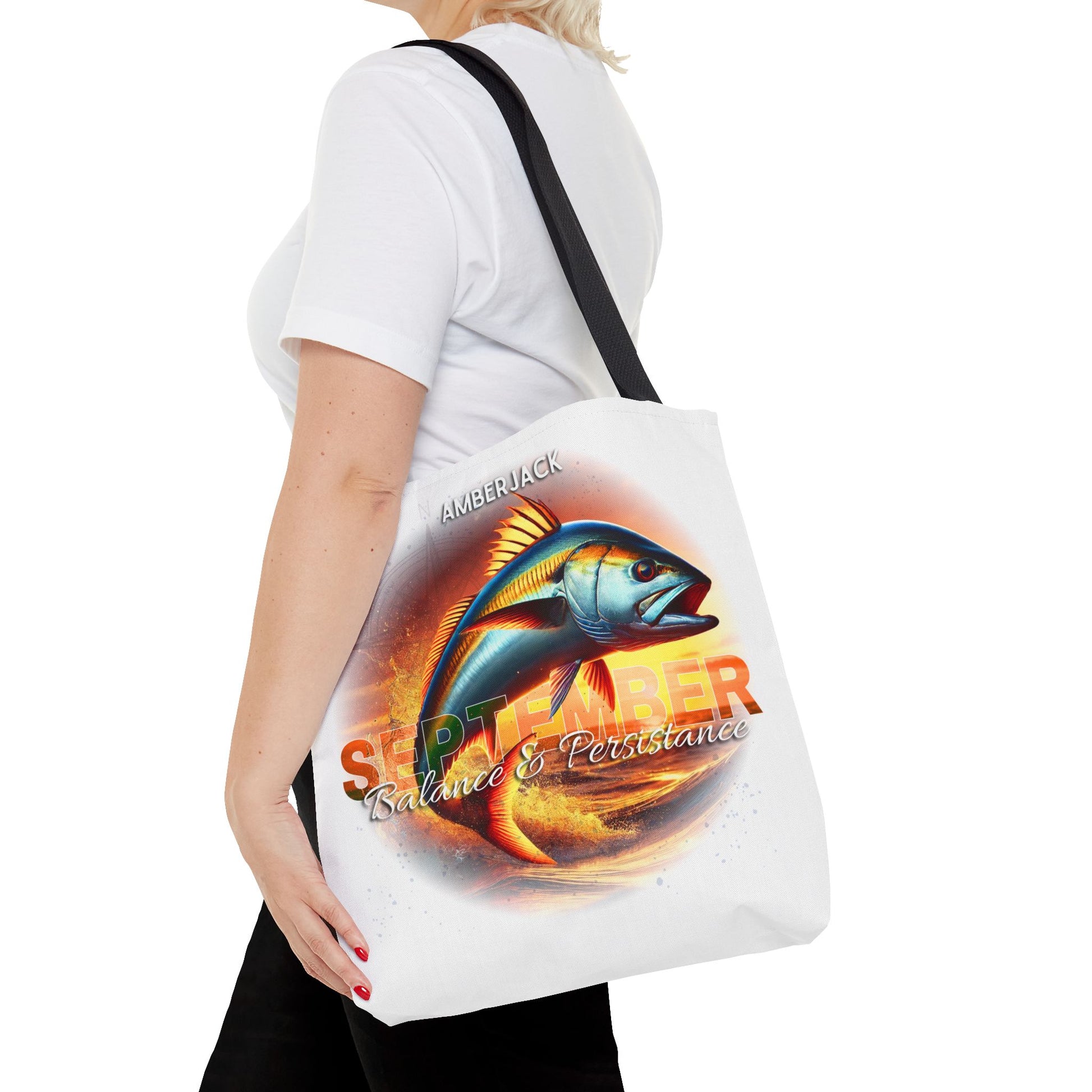 White birth month beach tote with September design featuring a colorful fish and black straps