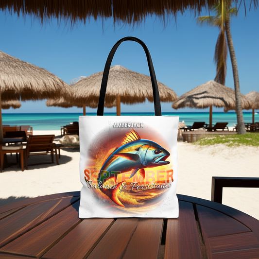 Birth month beach tote with colorful fish design for September on tropical beach background