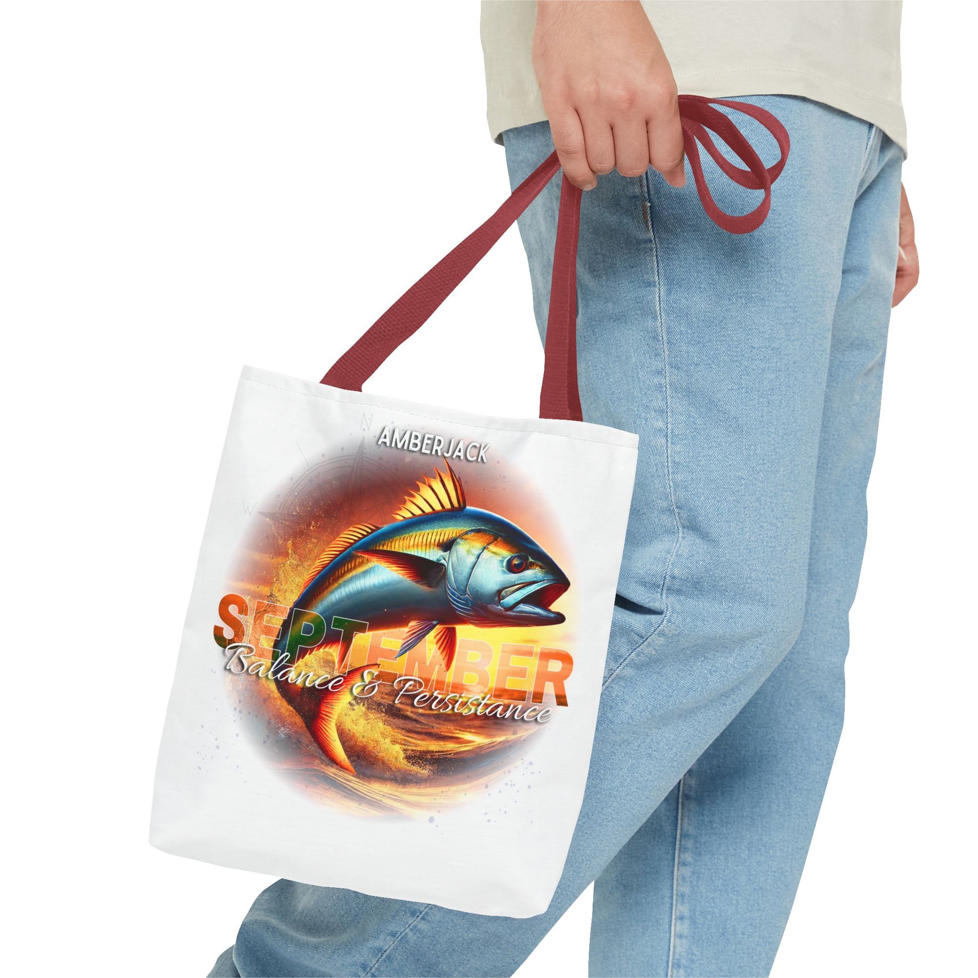 Birth month beach tote featuring September amberjack fish design with red handles