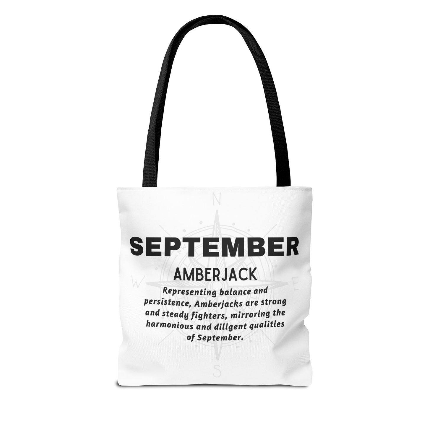 White birth month beach tote for September with Amberjack design and black handles 