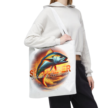Birth month beach tote with September design featuring a colorful fish and text Balance and Persistence